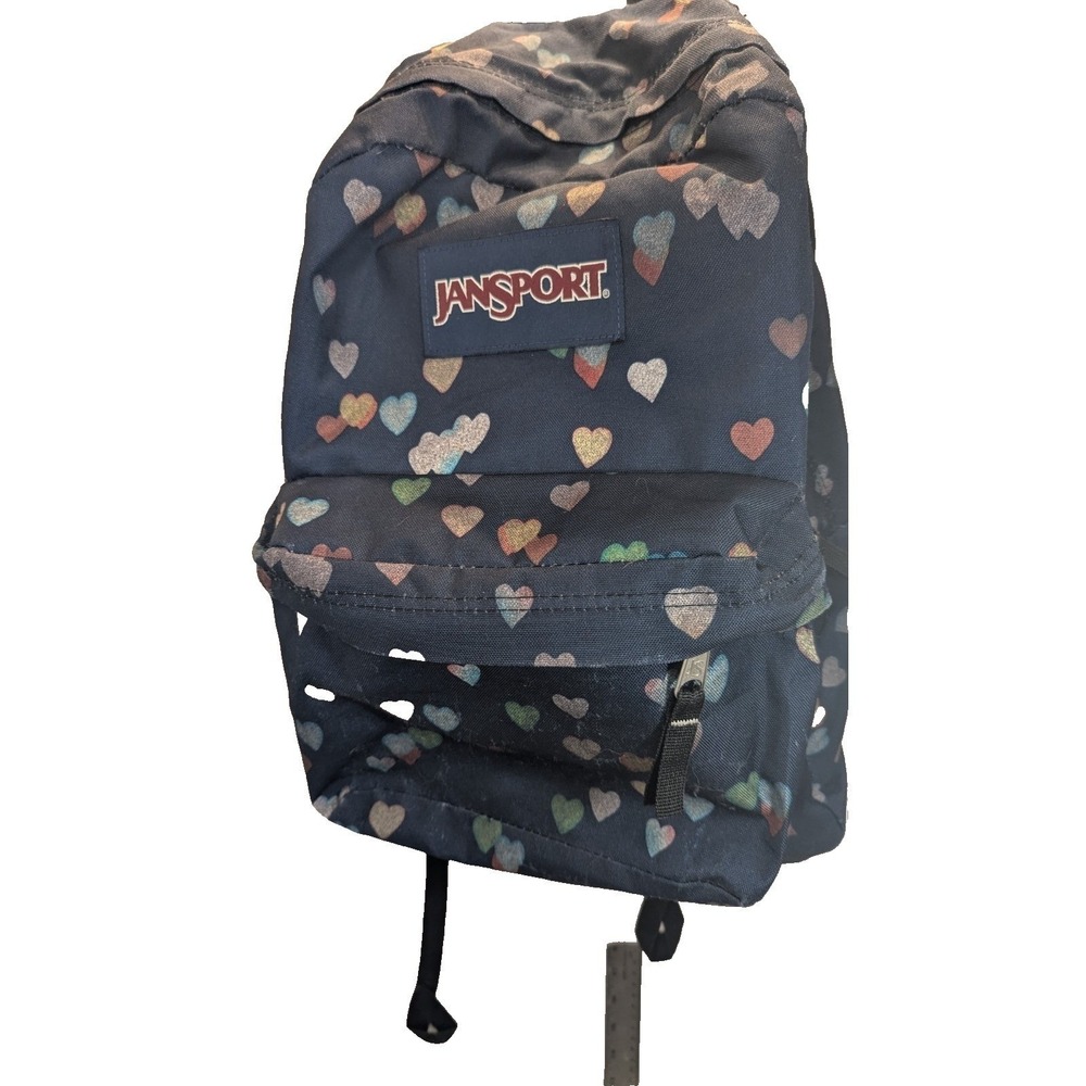 JanSport SuperBreak Backpack OS Navy Rainbow Glitter Hearts Excellent Print